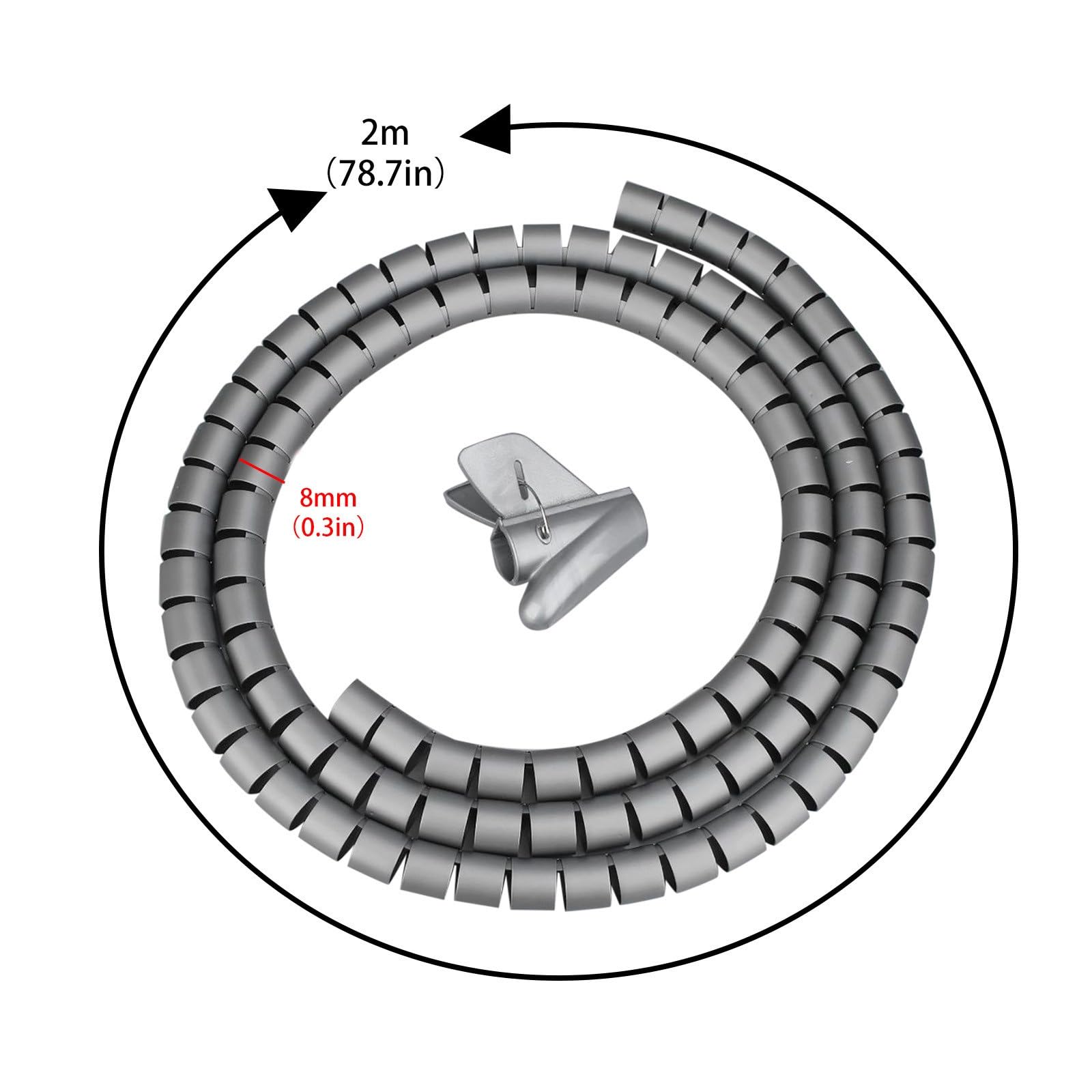 Guaina per cavi a spirale, 2 metri, clip per tubo di stoccaggio, organizer per cavi, protezione per tubi (grigio)
