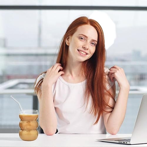 Miniatura 7 de ALINK Juego de 4 vasos grandes de vidrio acanalado de 16 onzas con pajitas, vasos de café helado, vasos de cóctel para cerveza, whisky, refrescos,