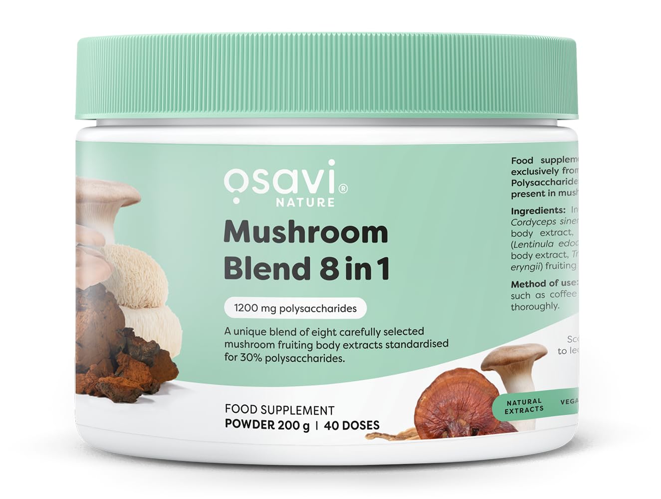 Osavi Mushroom Blend 8 in 1 – 200 g Powder | Extracts from Lion’s Mane, Cordyceps, Reishi, Chaga, Shiitake, Maitake, Tremella & King Trumpet | Standardised for 30% polysaccharides