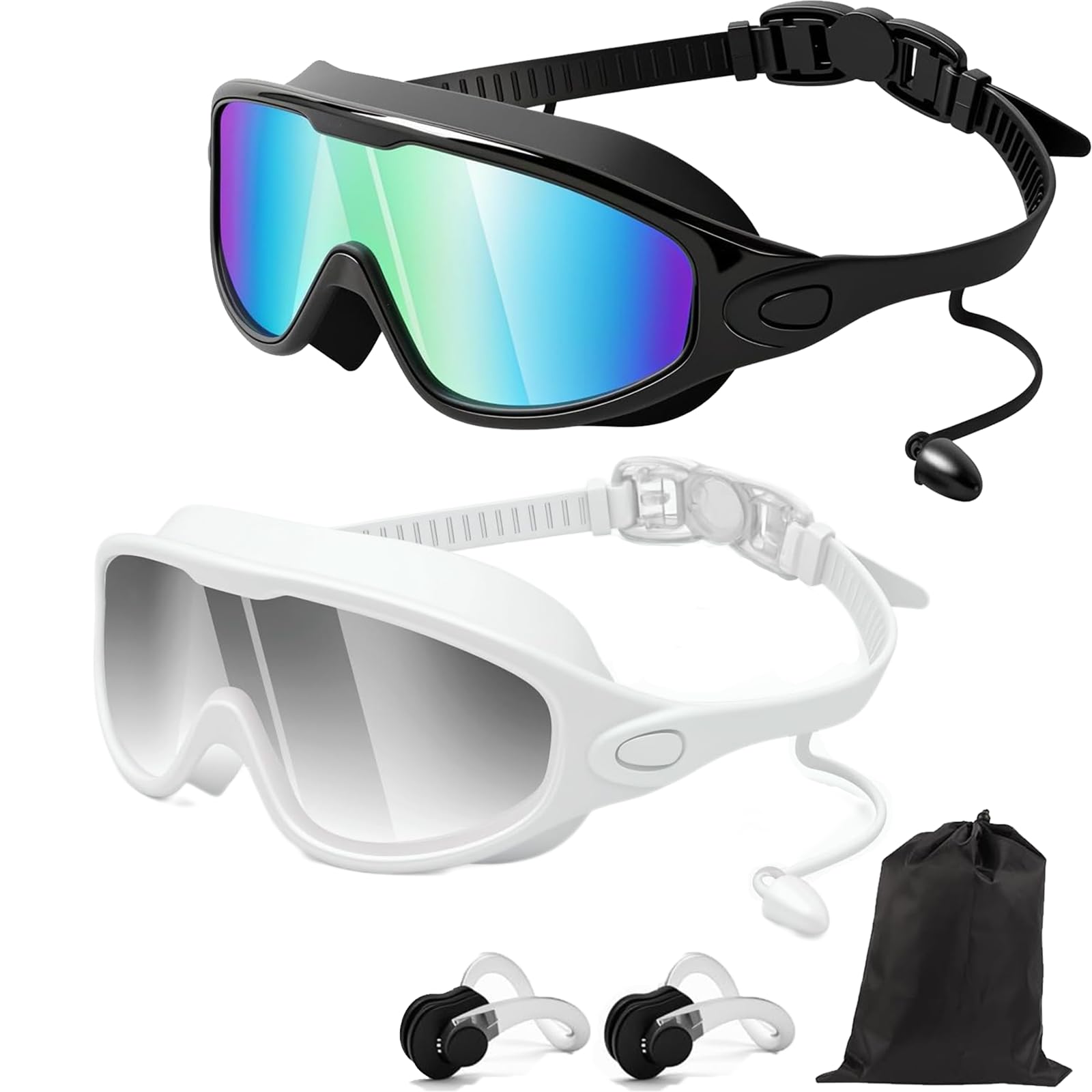 Qosneoun Splashy Eyes Goggles, Goggles with Ear Plugs, No Leaking Swim Glasses for Adult, Kids, HD Large Frame Waterproof Anti-Fog Swimming Goggles (F,Adults)