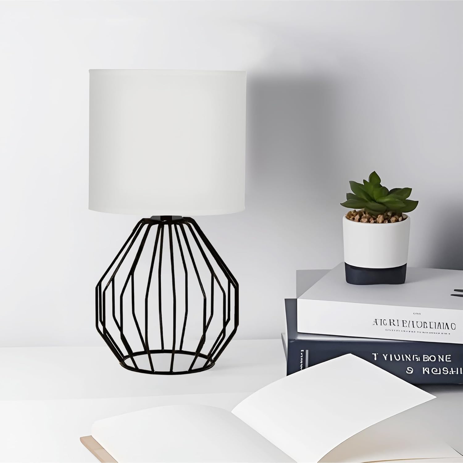 Small Table Lamp Black, Modern Minimalist Desk Lamp with Metal Base White Fabric Shade, Bedside Nightsand Table Lamp for Bedroom, Living Room, Kis Room