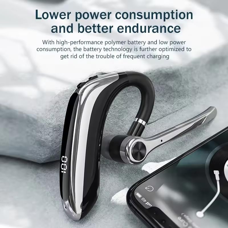 Silver Single Ear Bluetooth Headset with Mic, Bluetooth 5.3, ENC Noise Cancelling, 15H Battery, Rotatable Mic, LED Display, Type-C for Office Driving Gym
