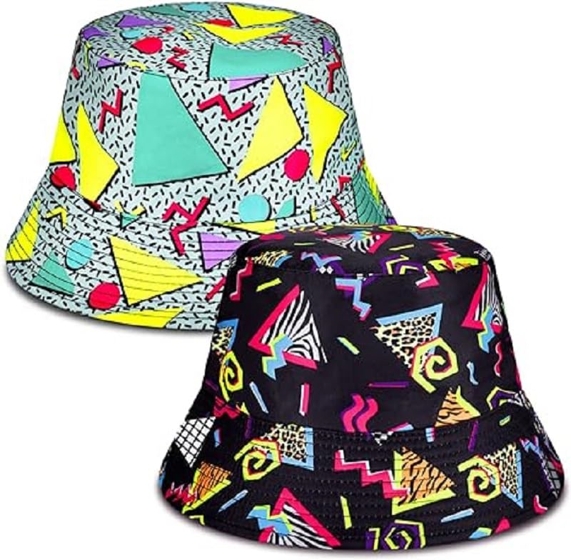 Generic2 Pack Retro 80s 90s Bucket Hat for Women Men Vintage Print Fisherman Neon Nylon Hat Reversible Packable Travel Cap