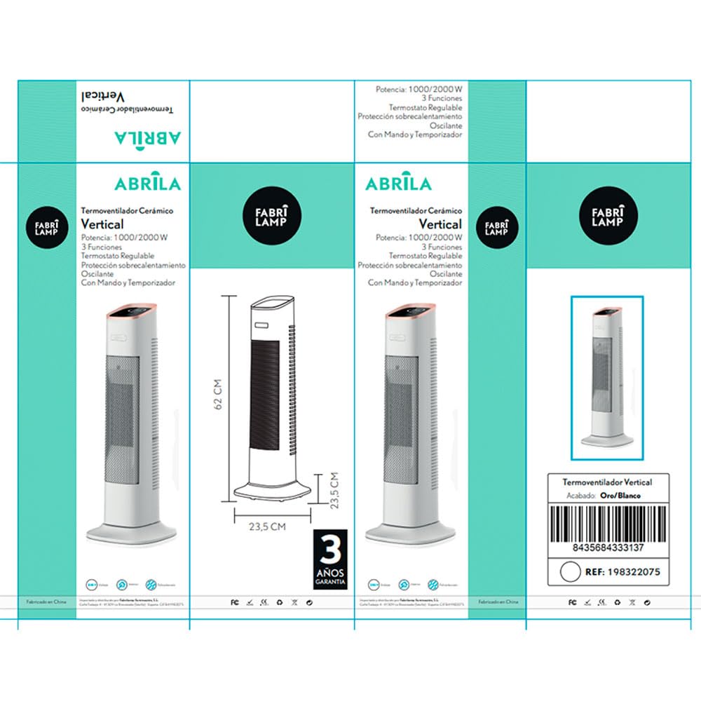 Calefactor cerámico Serie Vertical 2000W Blanco y Oro | 3 Funciones, termostato Regulable, función oscilante