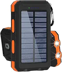 Carregador Portátil Power Bank Solar 10000mAh Resistente, Impermeável e à Prova de Poeira com Lanterna LED Ideal para Trilhas, Acampamentos e Aventureiros ao Ar Livre (Laranja)