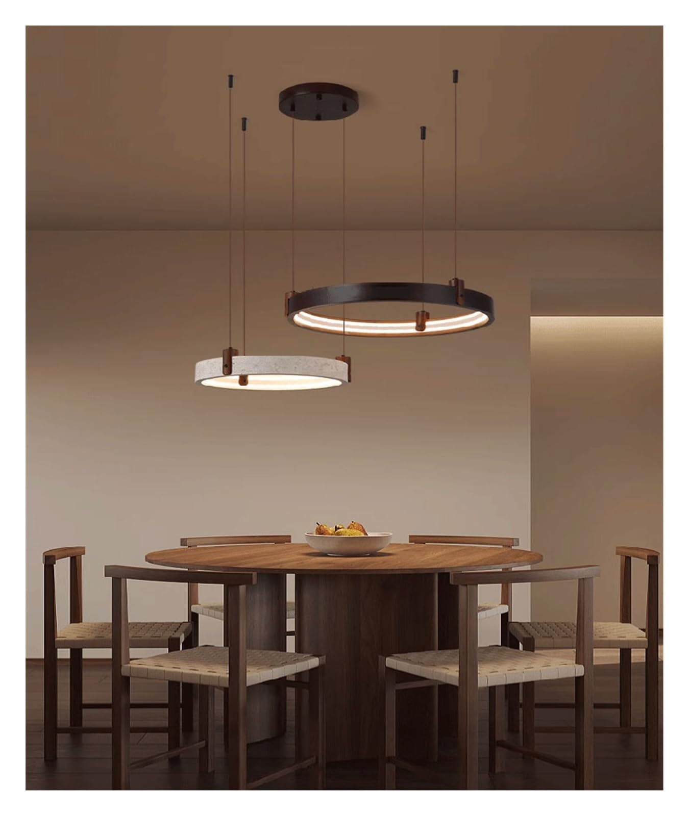Żyrandol z naturalnego kamienia i drewna z pierścieniem 40-65 cm LED 2025, oświetlenie wiszące do jadalni, holu i salonu (neutralny, 2 pierścienie 50-65 cm).