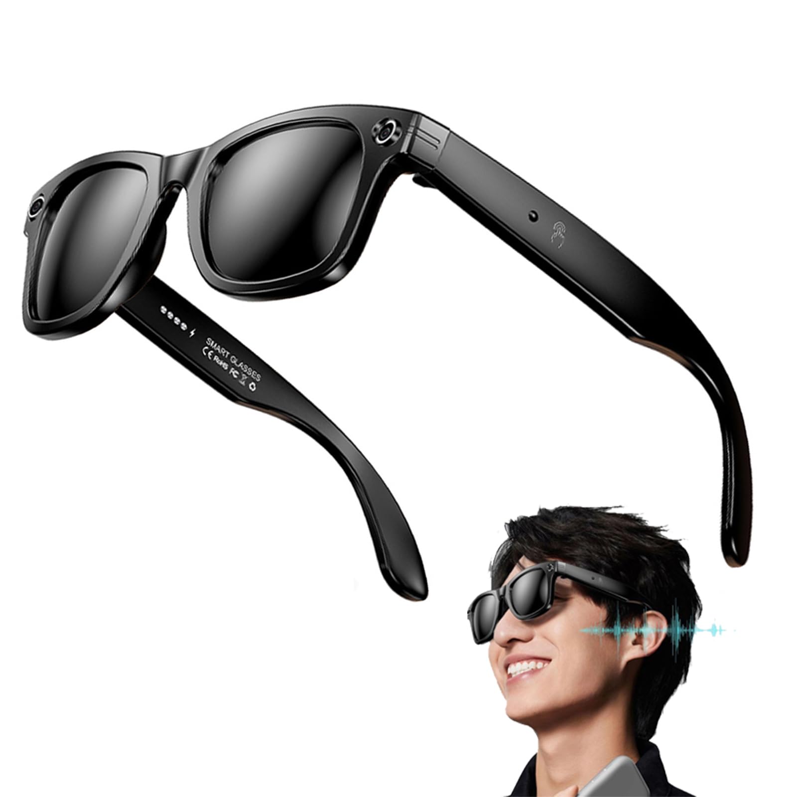 Fashion AI Camera Smart Glasses IP65 Waterproof Bluetooth Call Playing Music Smart Glasses Identify Pictures Use ChatGPT, for Travel Meeting Business,A
