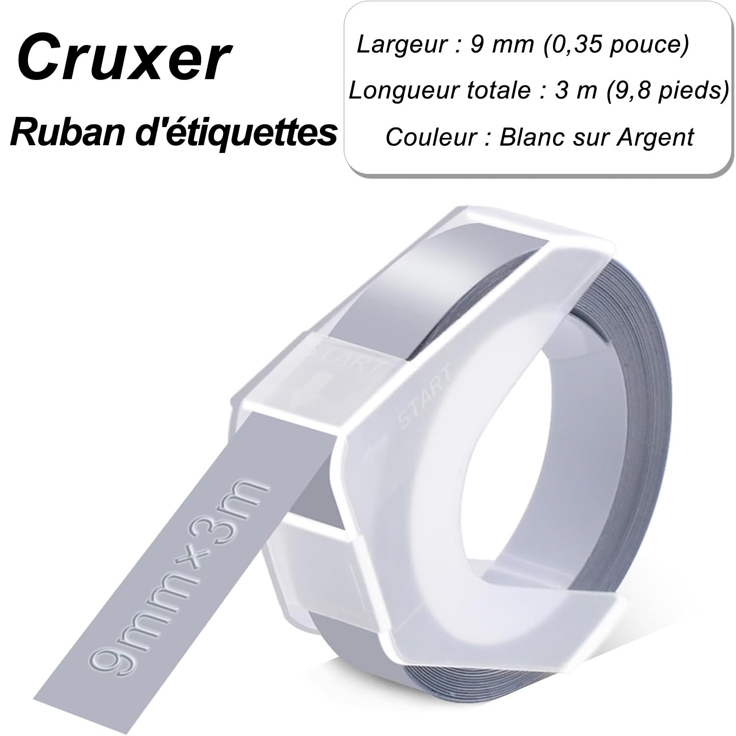 Lot de 50 S0898110 Blanc sur Argent 9mm pour Dymo Ruban de Gaufrage
