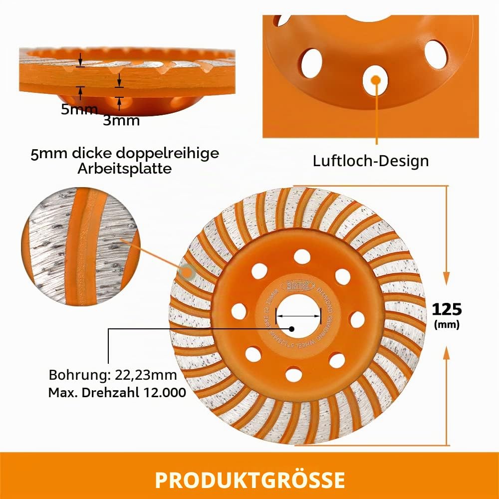 BGTEC Diamant-Schleiftopf für Beton - 125mm Winkelschleifscheibe mit 22.23/15.875mm Unterlegscheibe zum Schleifen von Granit, Marmor, Beton, Ziegel, Mauerwerk
