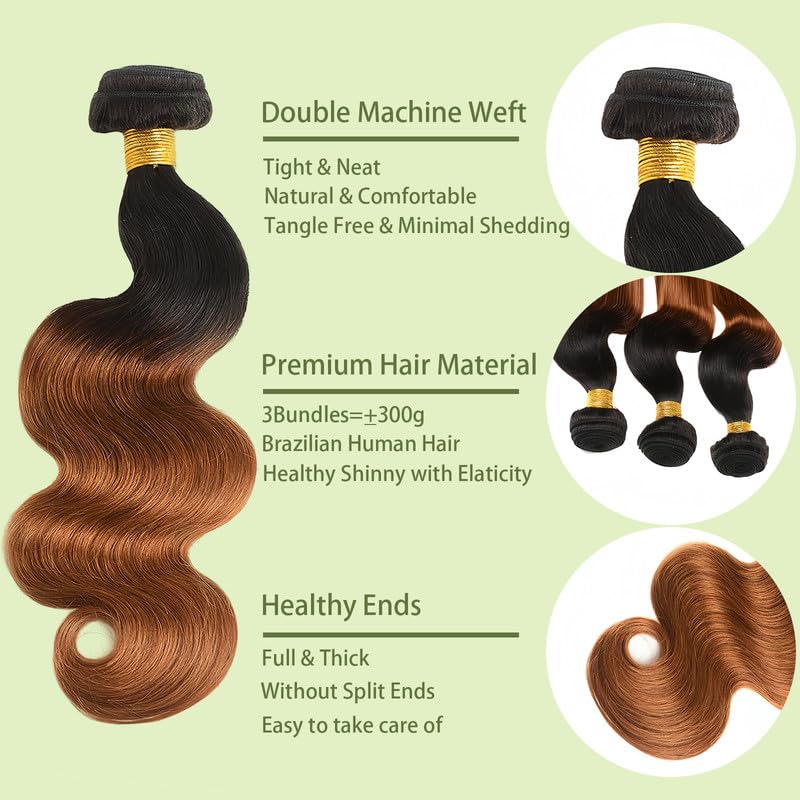 Ombre Blonde Bundles Human Hiar 12 14 16 inch Body wave Hair Weave for Black Women Brazilian Virgin Hair 12A Quick Weave 3 Bundles Double Weft（Black Ombre Honey Blonde，#T1B/27)
