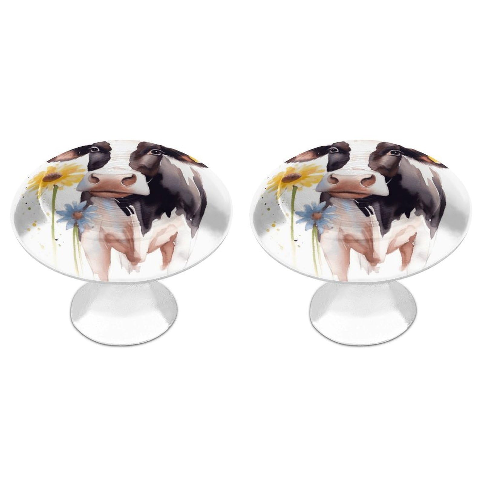 FekiLoot Watercolor Cow and Daisy Flower Cabinet Knobs Personality Stainless Steel Round Drawer Handles Circle Modern Cabinet Handles Drawer Knobs for Kitchen Dresser Bathroom Cupboard Furniture