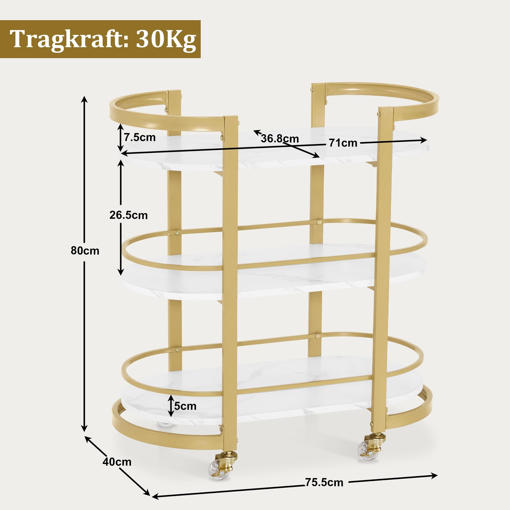 M MCombo carrello di servizio con rotelle, carrello da cucina carrello bar struttura in metallo bianco-oro, carrello moderno multiuso a 3 livelli, per cucina bagno soggiorno ufficio, 40x75,5x80, 0034