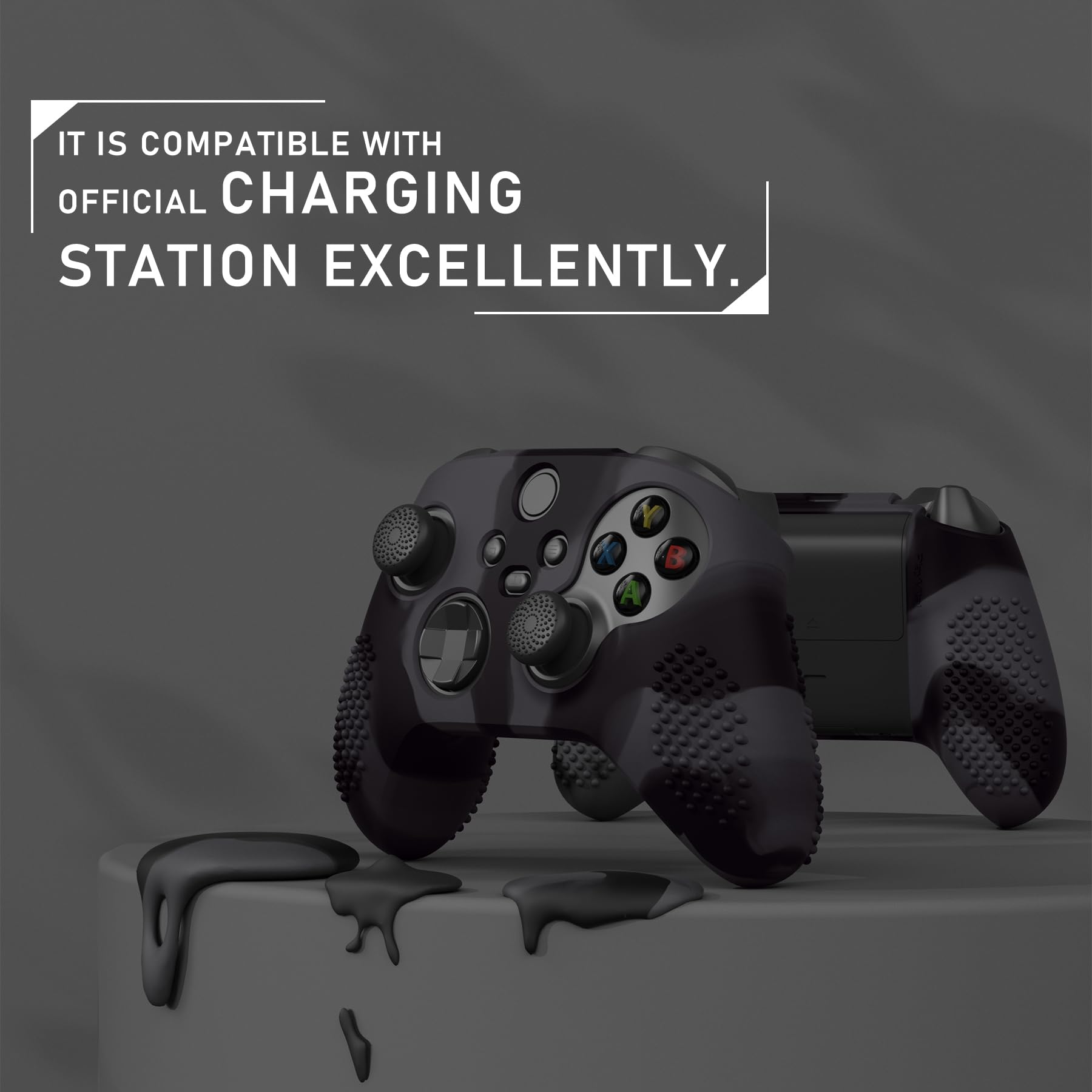eXtremeRate PlayVital Funda de Silicona para Xbox Series X/S, Carcasa Antideslizante con 6 Thumb Grips, Protector Ergonómico, Accesorios para Xbox Series X/S - 3D Tachonado (Oscuro Gris Negro) - 4