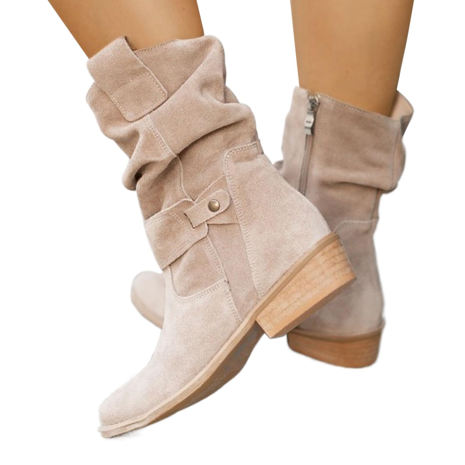 Stiefeletten Damen Elegant Wildleder Halbstiefel Spitz Schlupfschuhe Stiefel Mit Schnalle Kurzstiefel Winterstiefel Halbhohe bequemer Absatz Ankle Boots Halbhoch Westernstiefel Damenstiefel