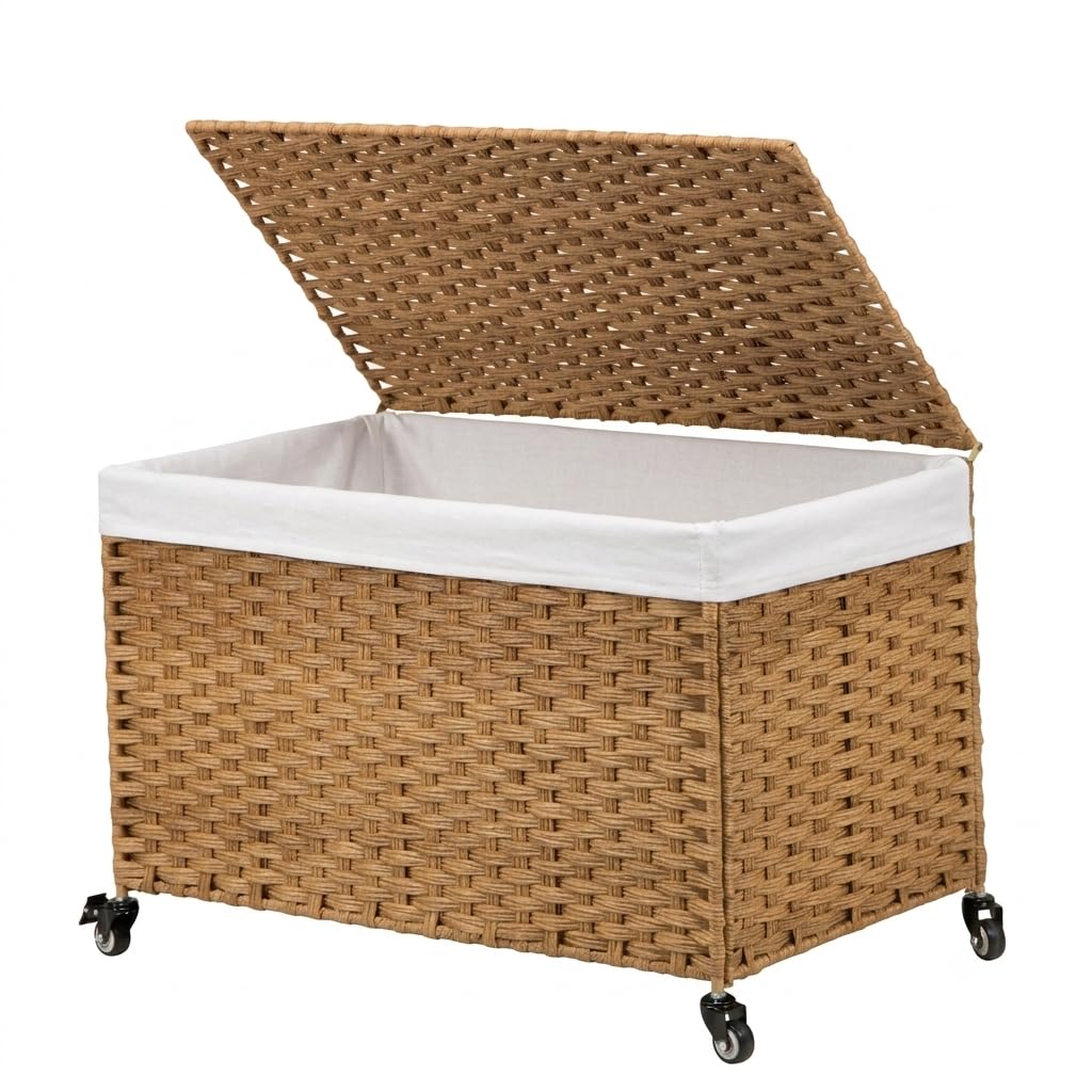 Klippehop Large Storage Basket with Wheels,160L Wicker Storage Chest with Lid, PE Rattan Laundry Hamper with Removable Washable Liner, Rolling Storage Chest for Laundry, Blankets, Toys, and Bedroom