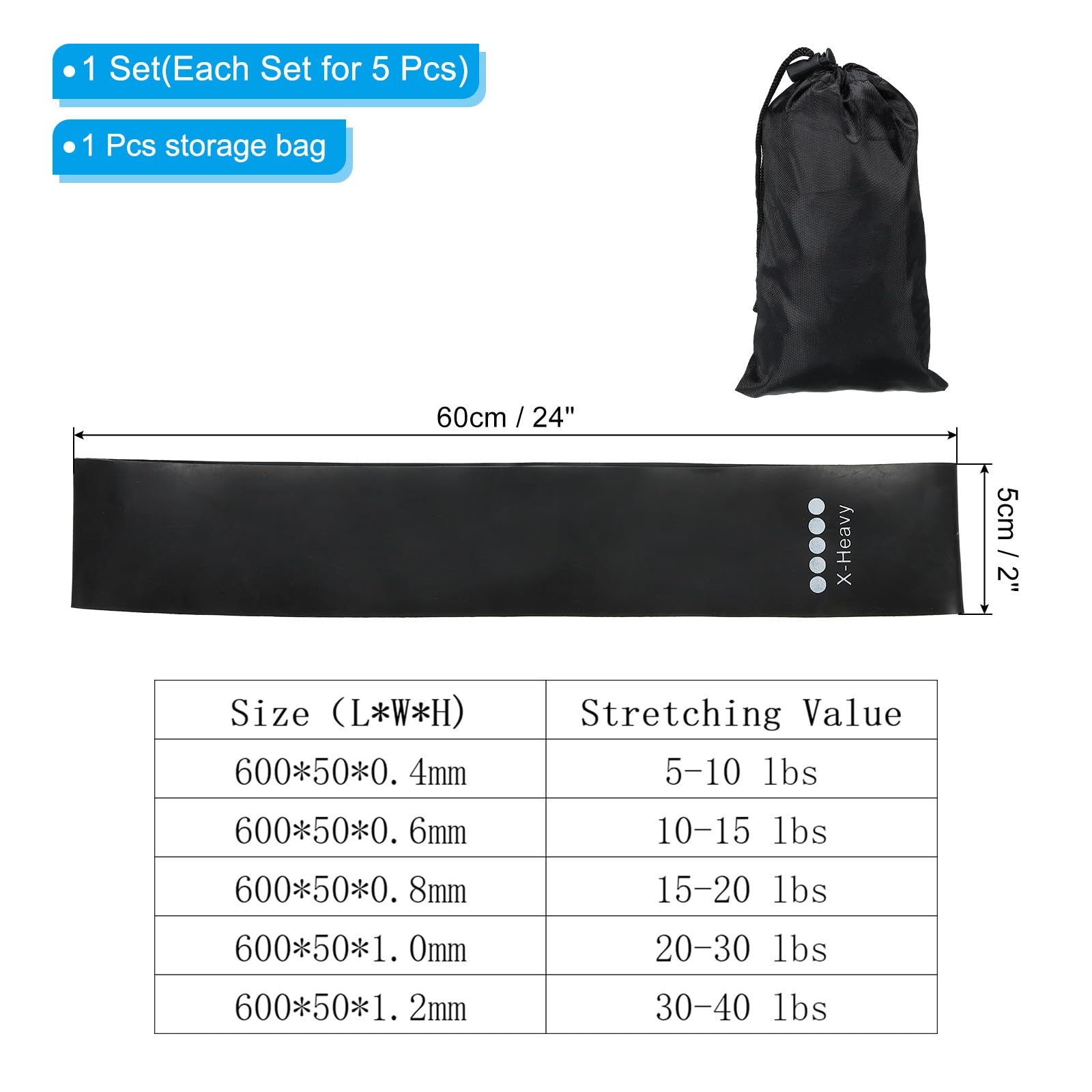 PATIKIL Resistance Bands Set, 5 Pack 30-40 LBS Stretch Workout Bands with Carry Bag for Pilates Yoga Gym Outdoor Exercise, Black