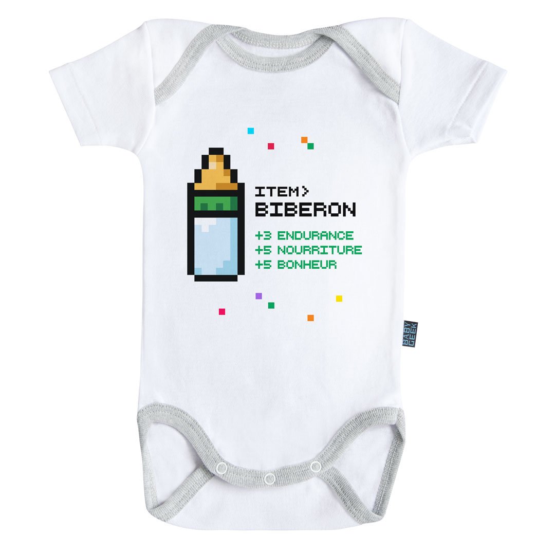 Baby Geek Item biberon pour bébé Gamer - Body Bébé Manches Courtes - Coton - Blanc - Coutures Grises