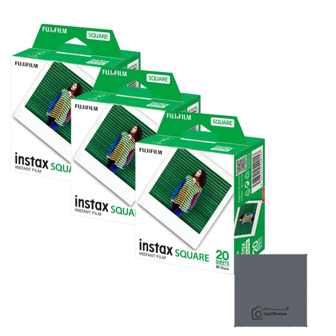 Fujifilm Instax Square, 60 scatti (3 × 20), compatibile con fotocamere Instax Square, bundle OptiSwipe