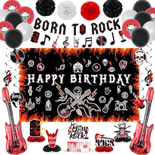 Image of Crenics Rock and Roll Birthday Party Decorations, Happy Birthday Backdrop | Born to Rock Banner, Swirls, Honeycomb, Paper Pom Poms and Balloons for Star Music Rock and Roll Decorations