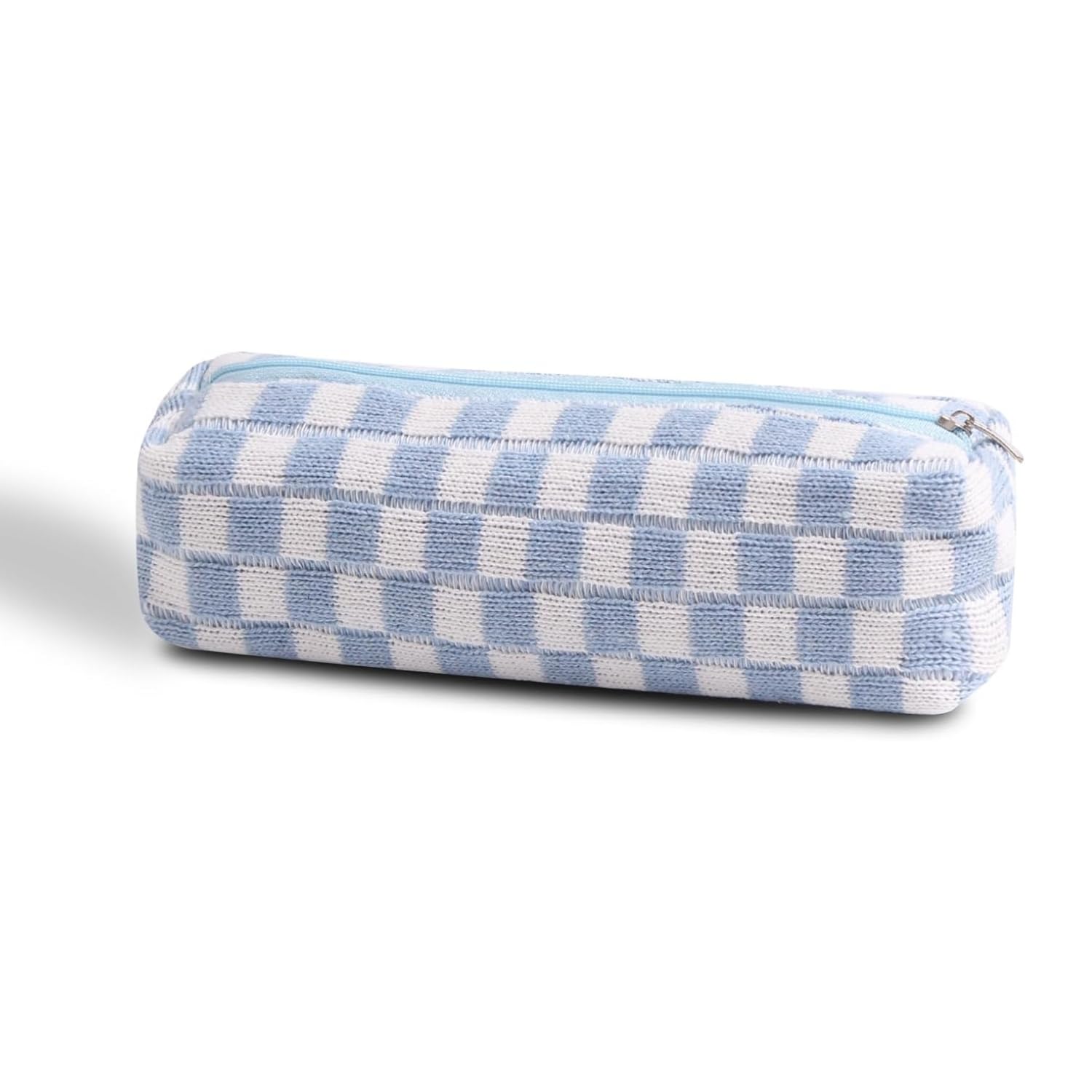 Blue & White Checkered Knit Pencil Pouch for Boys | Aesthetic School Stationery Pouch | Durable Zipper Pen Pouch | Small Fabric Pouch for School, College & Office Supplies (Blue White Grid)-image-27