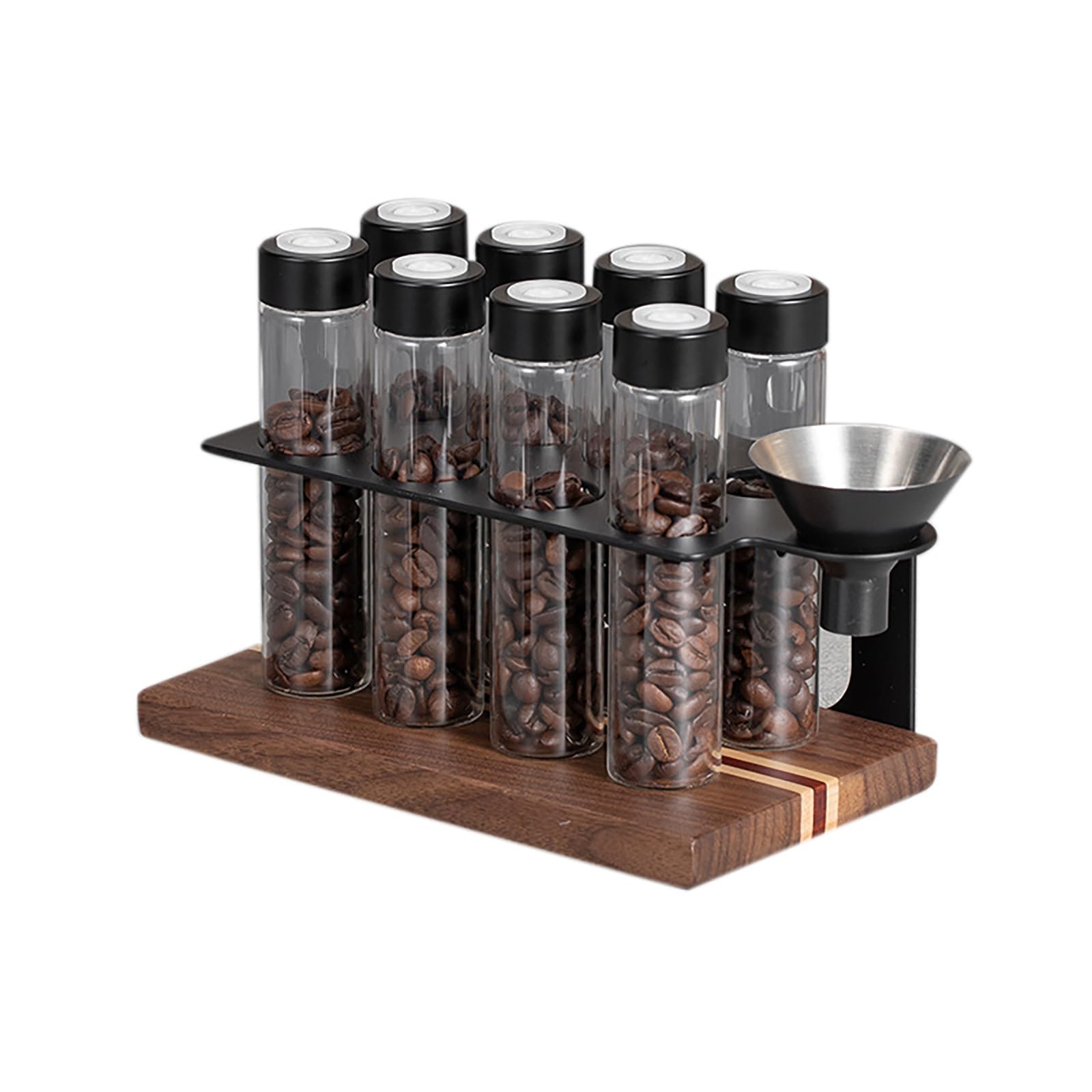 NEWFUN Lote de 8 tubos de granos de café, Recipiente Para Café en Grano con Estante de Madera y Embudo, para Guardar Café en Grano Monodosis, 22 G