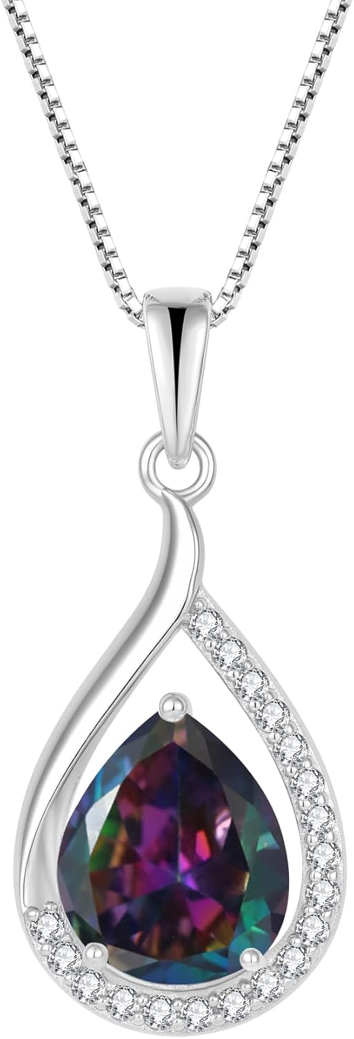 Teardrop Birthstone Necklace for Women 925 Sterling Silver White/Yellow Gold Plated Cubic Zirconia Pendant Necklace Jewelry for Her