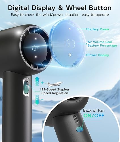 Miniatura 5 de Ventilador portátil recargable – Ventiladores de mano turbo de alta velocidad de 15000 RPM con pantalla digital – Ventilador USB alimentado por