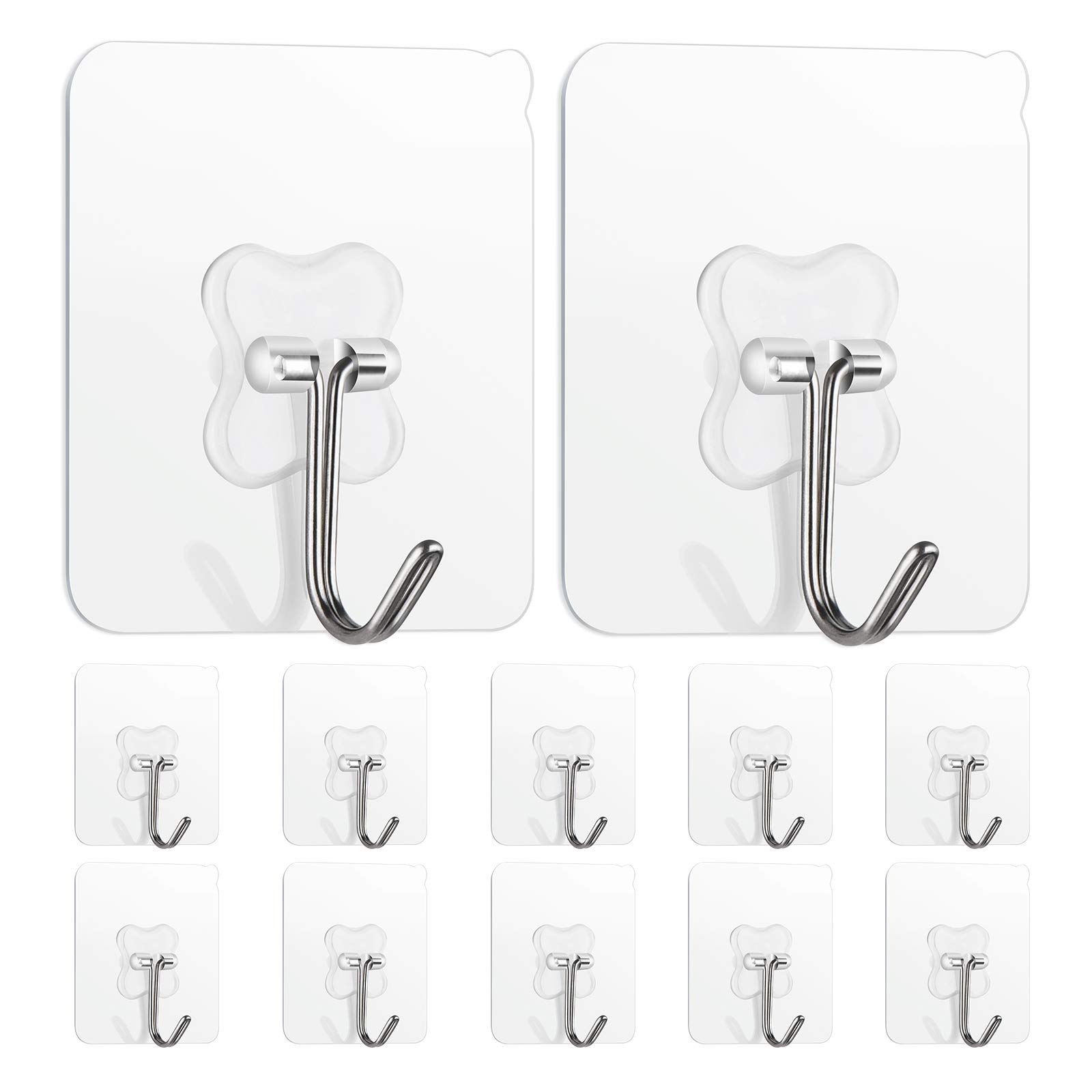 12Pcs Adhesive Hooks Heavy Duty, Wall Hooks Transparent No-Rust Seamless, Waterproof Oilproof Free Drilling Wall Hangers, Suitable for Ceiling, Kitchen, Bathroom