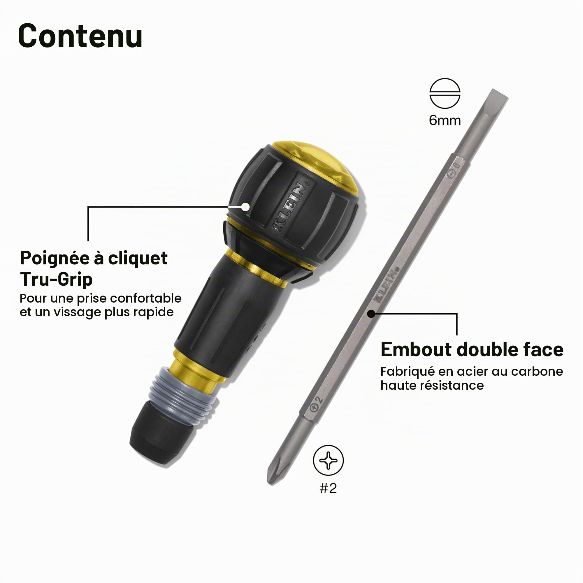 Klein Tools 32960ARCHT Tournevis à cliquet Fastbit Tru-Grip, poignée à cliquet style boule avec collier à dégagement rapide, cruciforme #2 et embout à double extrémité fendue de 6 mm, compatible avec