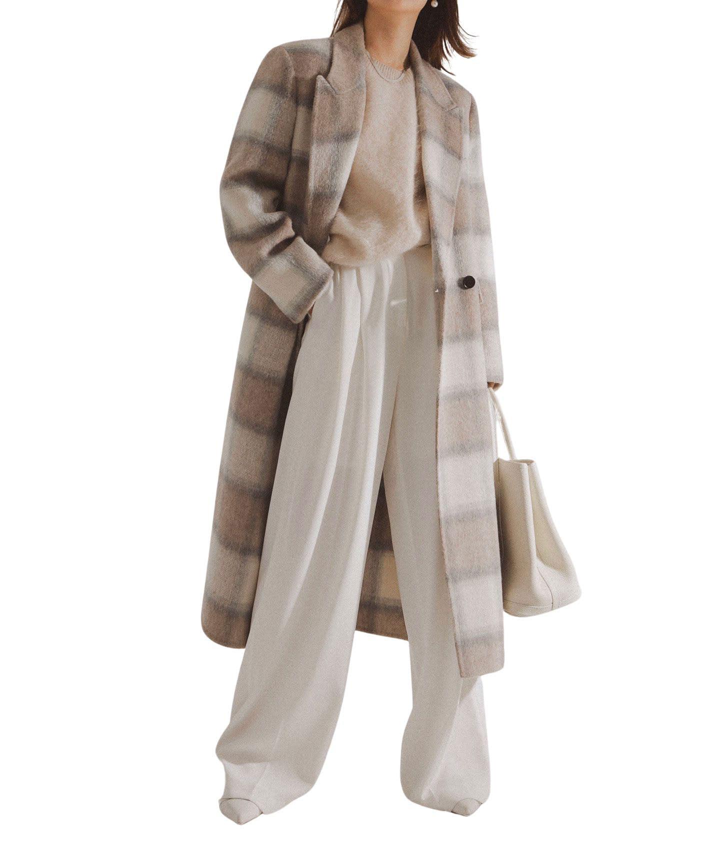 chouyatou Womens Elegant Plaid Wool Long Pea Coat Double Breasted Lapel Blazer Trench Coat Overcoat with Pockets