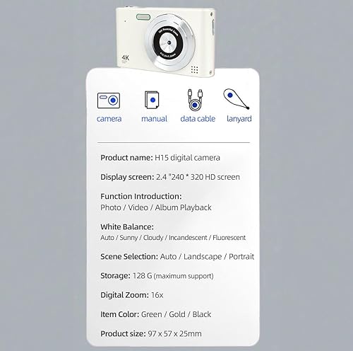 Miniatura 3 de Cámara digital de bolsillo con zoom de 16X, memoria de 64 GB, FHD 1080P, antivibración, cámara pequeña compacta de regalo para niños y niñas (blanco)