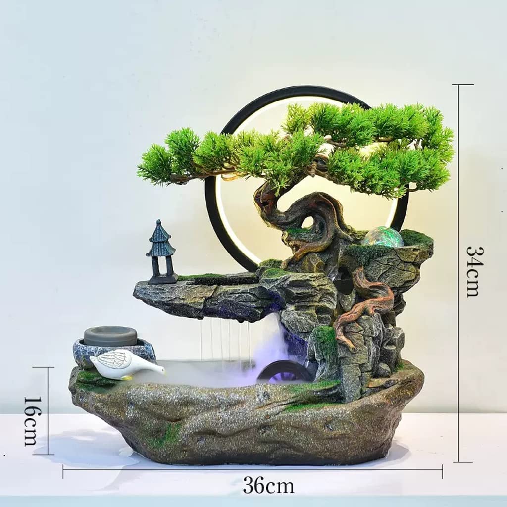 Fontana da Tavolo, Cascata Decorativa, Fontana Zen, Design Bonsai e Albero, Illuminazione LED, per Interni, per casa e Ufficio