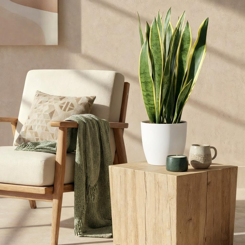 Green boutiQ - Zimmerpflanzen - Sansevieria Laurentii - Schwiegermutterzunge - Pflegeleicht - Grün - Gelb - 1 Pflanze - mit Potter Weiß - Topf 21cm - Höhe 70-80cm