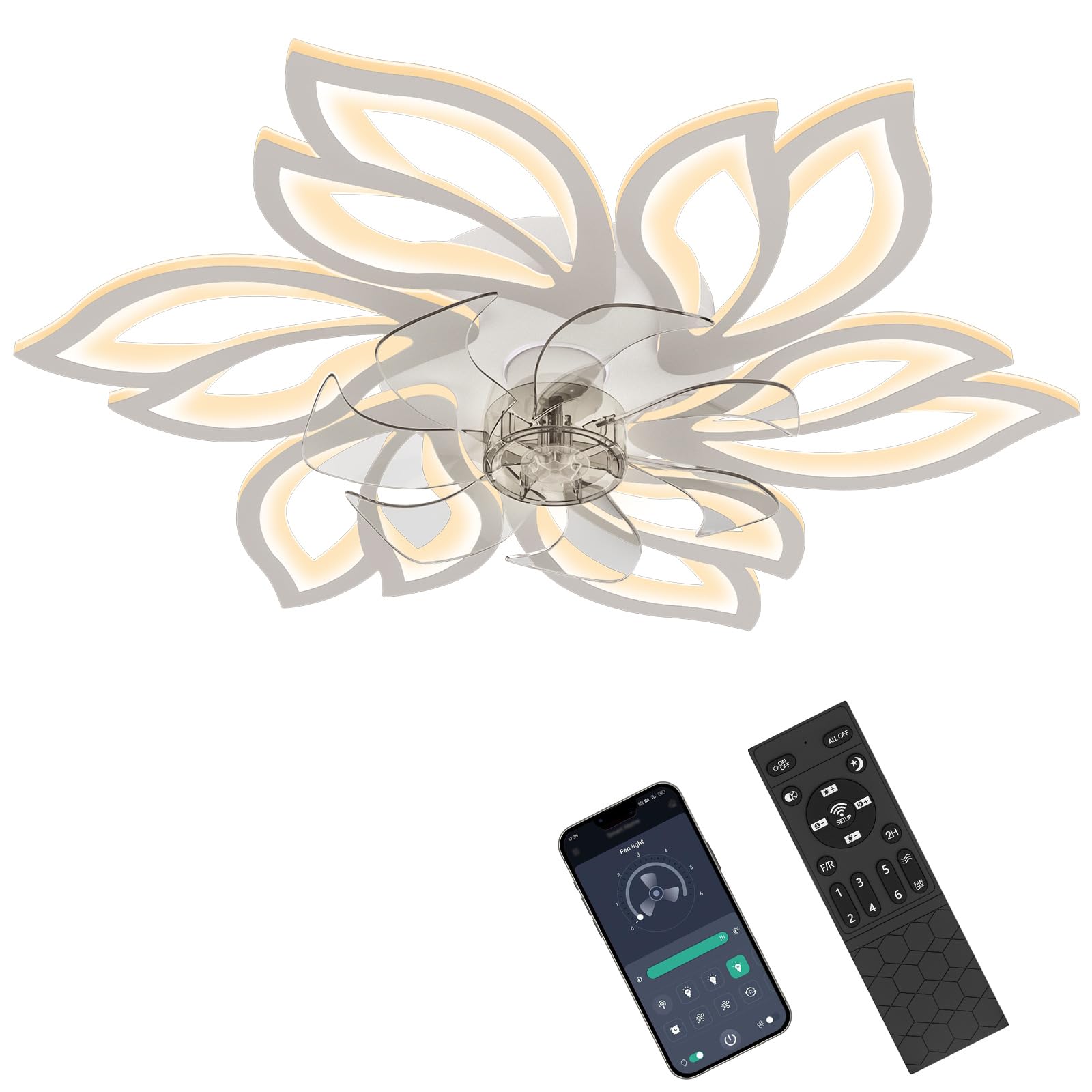 Ventilador de Techo con Luz, 6 Velocidades Motor Reversible Ventilador de Techo Moderno con Luz Diseño de Pétalos Lámpara Ventilador Techo LED para Dormitorio Salón, Ideal para Familias