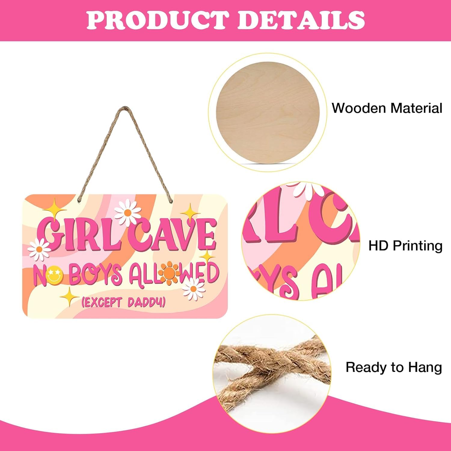 Mandala Soul Girl Cave No Boys Allowed Expect Daddy Front Door Sign, Pink Fluid Painting Art Wooden Door Hanger Toddler Baby Nursery Decor, Daisy Wreath Indoor Kid Teen Girl Bedroom Wall Hanging Decoration 3