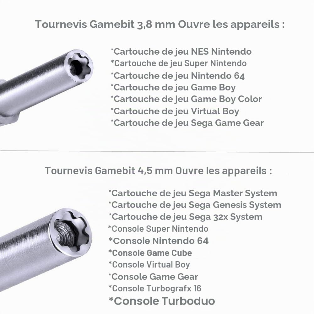 Kit de tournevis Gamebit 4,5 mm 3,8 mm pour ouvrir les consoles NES, SNES, N64, GameBoy, GameCube, Virtual Boy, Sega, Nintendo Consoles et cartouches, long pour trous de vis profonds