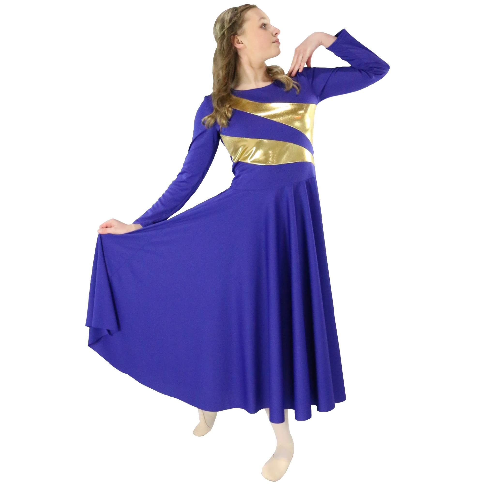 Danzcue Girls Metallic Worship Dance Dress, Metallic Bicolor Full Length Praise Dance Dress