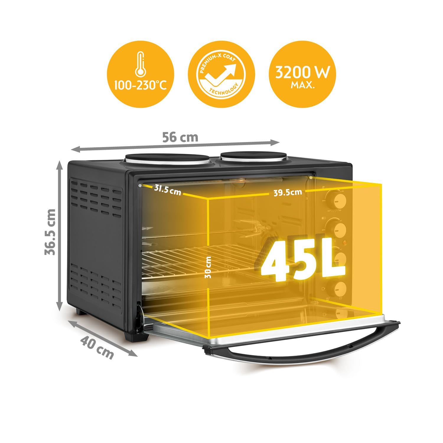 TZS First Austria - Minibackofen mit Kochplatten 45L 3200 W - Mini Backofen Pizzaofen mit Herdplatten bis 230°C & Antihaftbeschichtung - Miniofen Kombigerät mit 4 Einschubhöhen & hochwertigem Zubehör