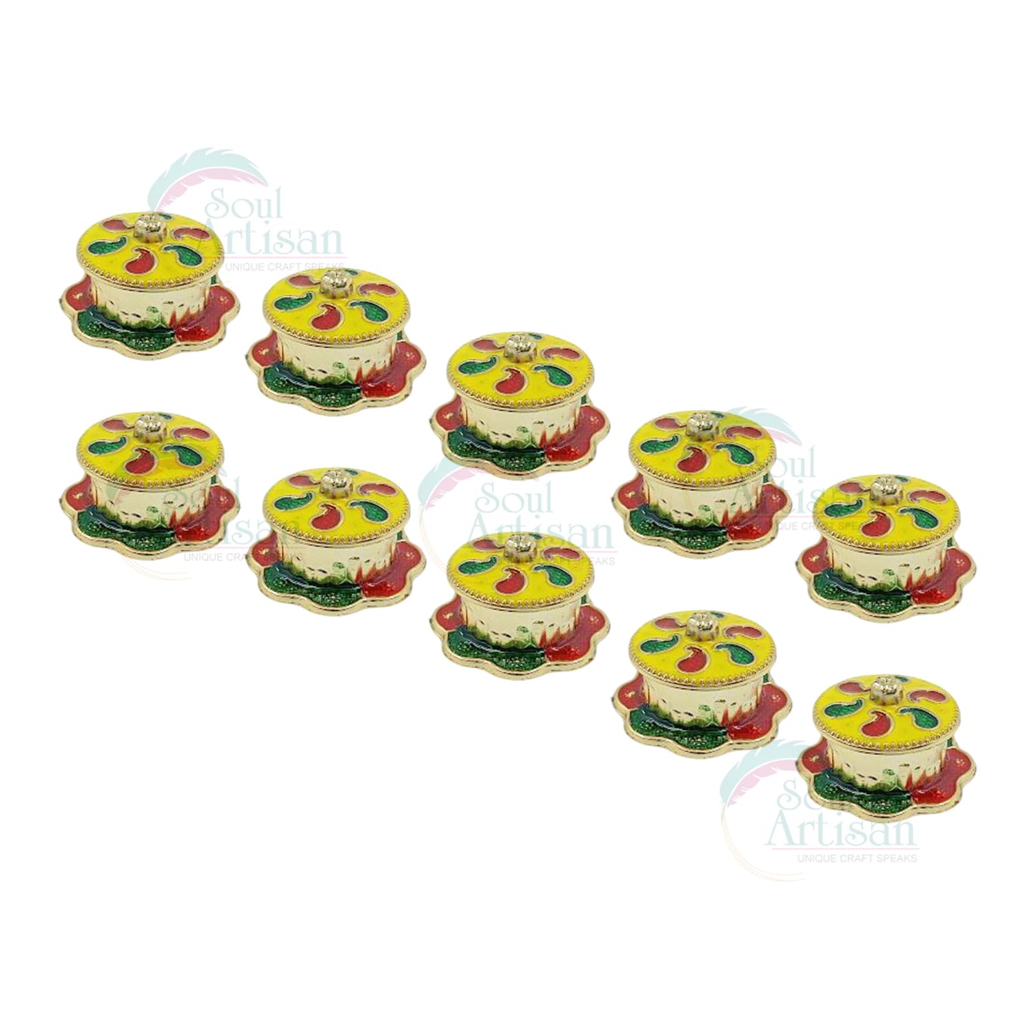 Soul Artisan Round Mango Design Single Kumkuma Holder Chimil Box - Plastic Golden Metallic Color(Pack of 10) - Decorative Design Tilak Daani, Sindoor for Women Return Gift, Diwali, Weddings, Pooja