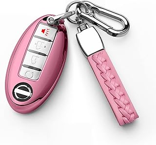 Compatible with Nissan Key Fob Cover with Leather Keychain Soft TPU Protection Key Case for Altima Maxima Rogue Armada Pathfinder Smart Key 3 4 5-Button (Pink)