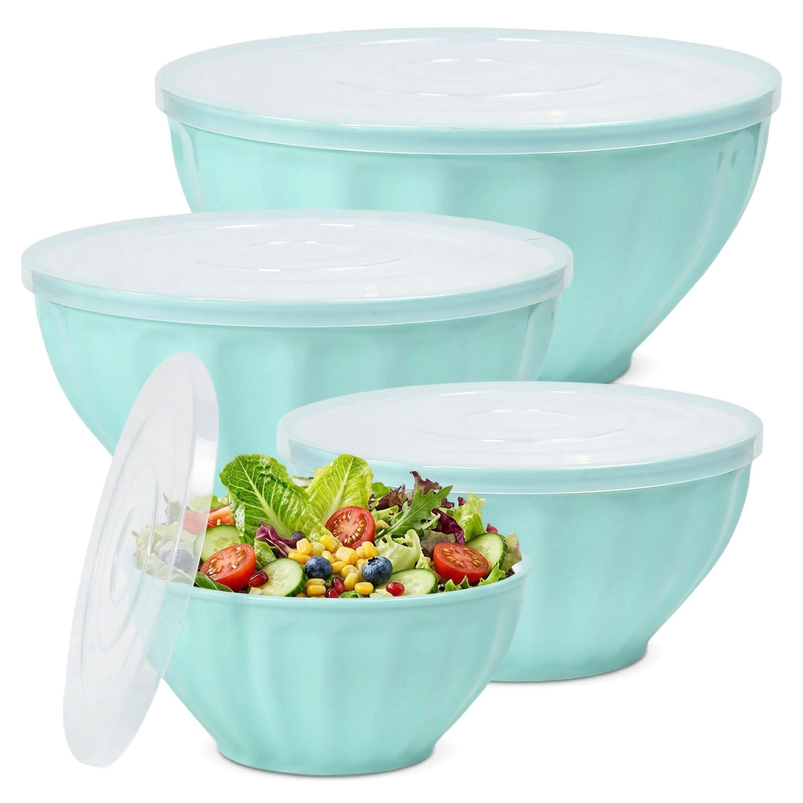 Lot de 4 saladiers en plastique avec couvercle (1,5 l/2,5 l/3,5 l/5,5 l) - Grand bol mélangeur empilable pour le rangement, le camping, la cuisine