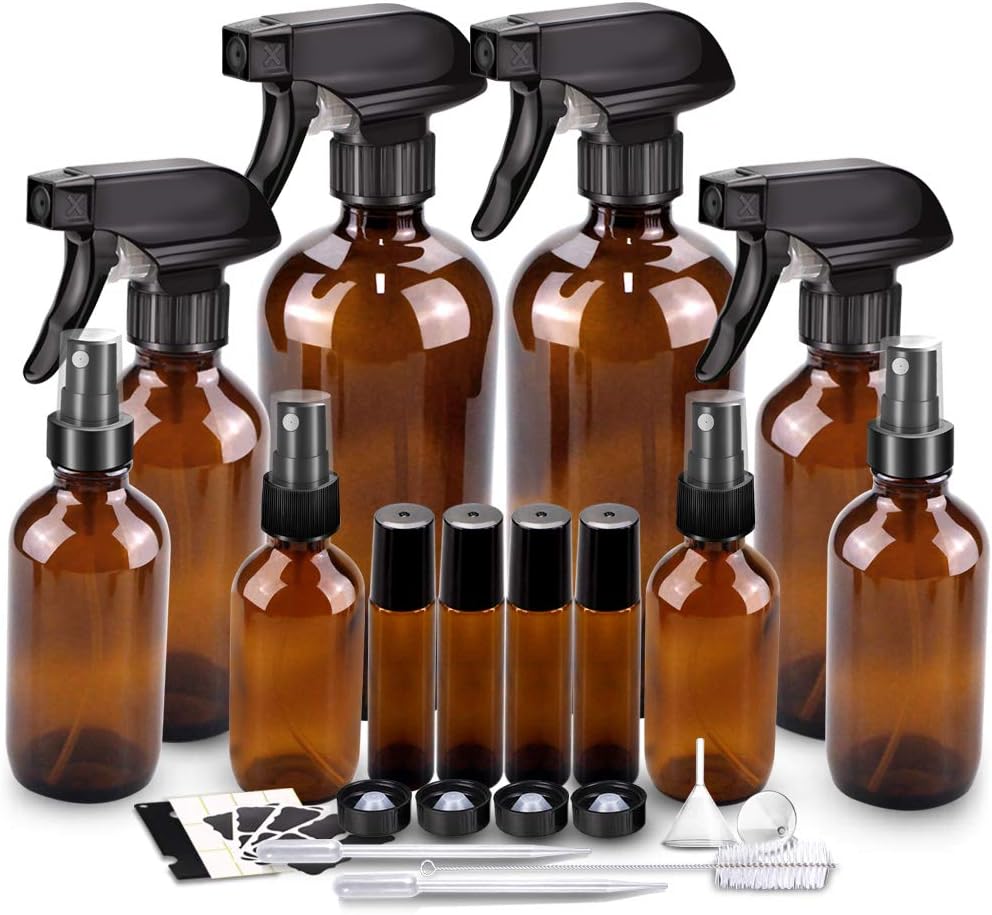 Glass Spray Bottle Kits, BonyTek Empty 4 10 ml Roller Bottles, 8 Amber Essential Oil Bottle(16oz,8oz,4oz,2oz) with Labels for Aromatherapy Cleaning