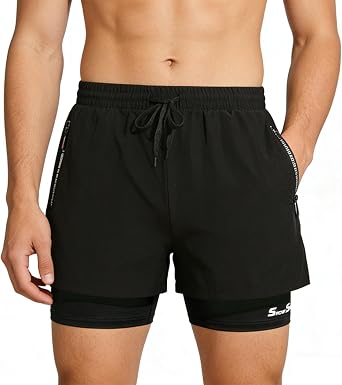 Men's Swim Shorts with Lining, 2-in-1 Quick Dry Swimming Shorts Men with Compression Liner & Zipper Pockets