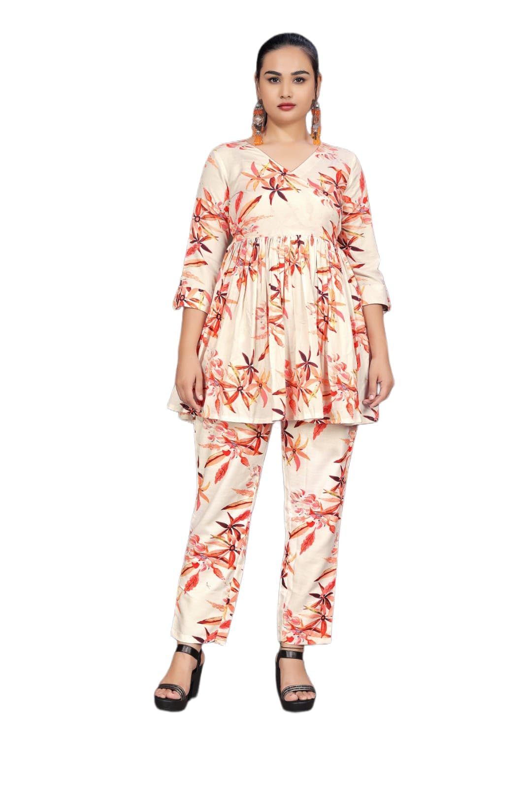 Cream Floral Printed Silk Blend Co-Ord Set with V-Neck Top & Trousers (IN, Alpha, M, Regular)-image-23
