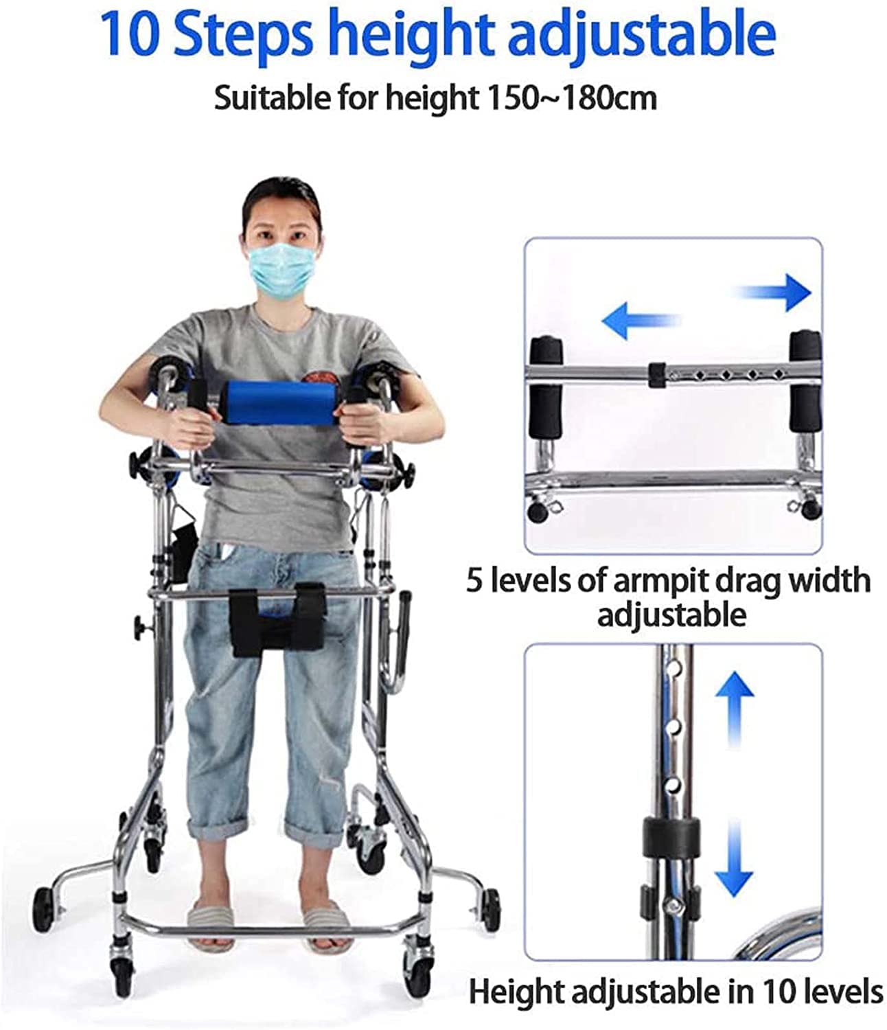 Przenośny chodzik dla seniorów i dorosłych, pomoc medyczna, rama do chodzenia z regulacją wysokości, hemiplegia, pomoc rehabilitacyjna, odpowiednia dla osób o wzroście 150-180 cm, pomoc w poruszaniu się, rama stojąca