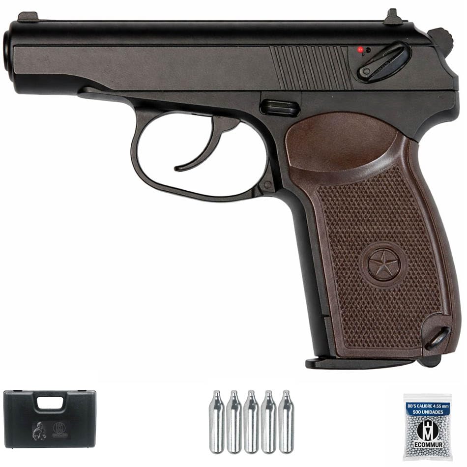 Pistola KWC Makarov NBB CO2 (4,5mm) | Pack Pistola de balines (perdigones Bolas de Acero BB's). Arma de Aire comprimido CO2 Calibre 4,5mm [2.5 Julios]