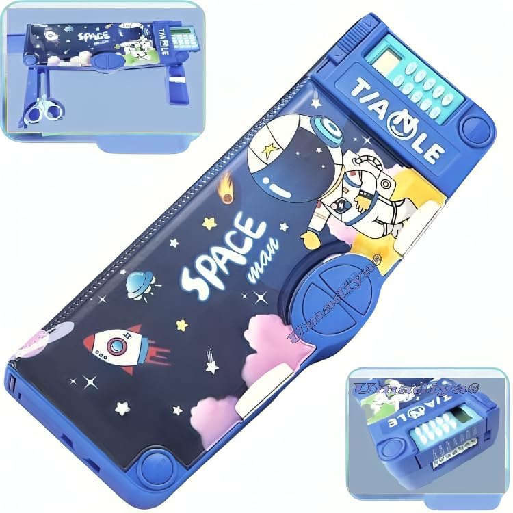 Image of Royals hub Astronaut Magnetic Multifunctional Pencil Box, Cute School Compass for Kids, Buttons Operated Geometry Pencil Box Kids Include Calculator-Scissor-Ruler-Eraser-Sharpener (Blue Space)