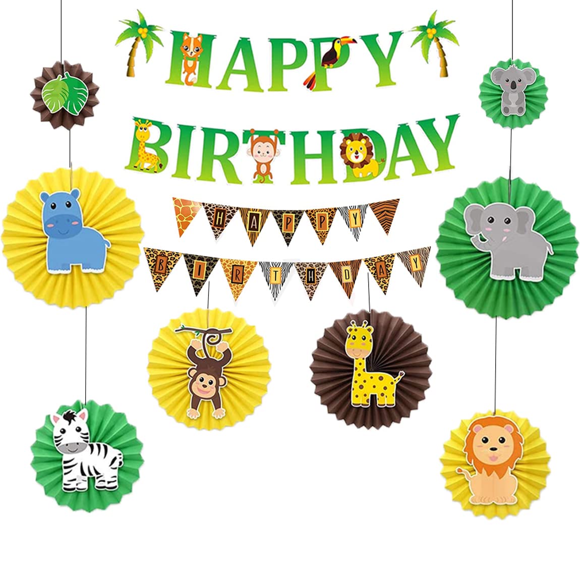Rozi Decoration Jungle Theme Birthday Decoration Items with Happy Birthday Banner, Jungle Theme Paper Fan & Animal Printed Bunting Banner for Forest Theme Birthday Decoration Items Pack of 10 Pcs