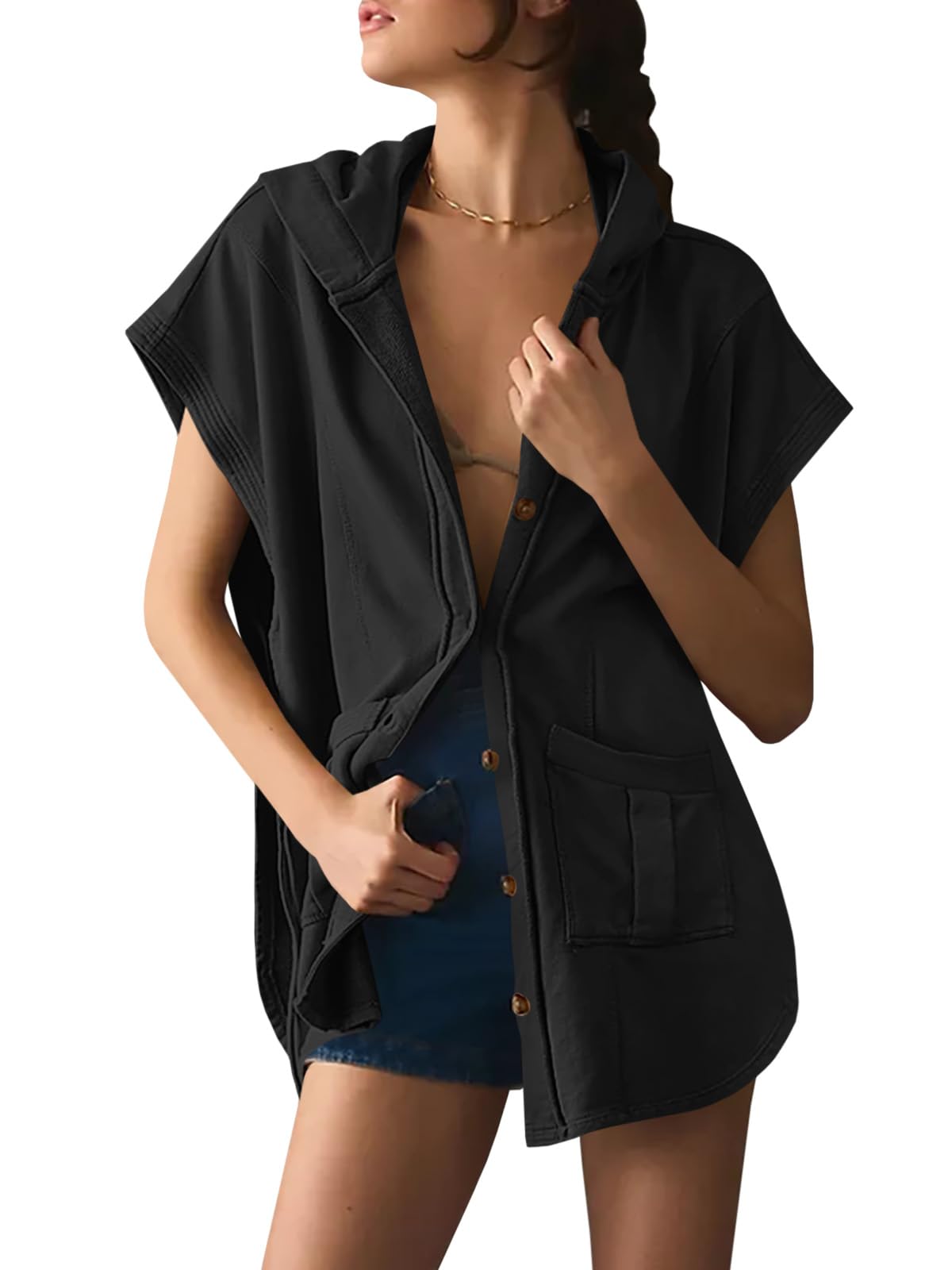 Photo 1 of Fisoew Women's Oversized Hoodie Short Sleeve Side Tie Button Down Loose Fit Sweatshirts for Women Black Large