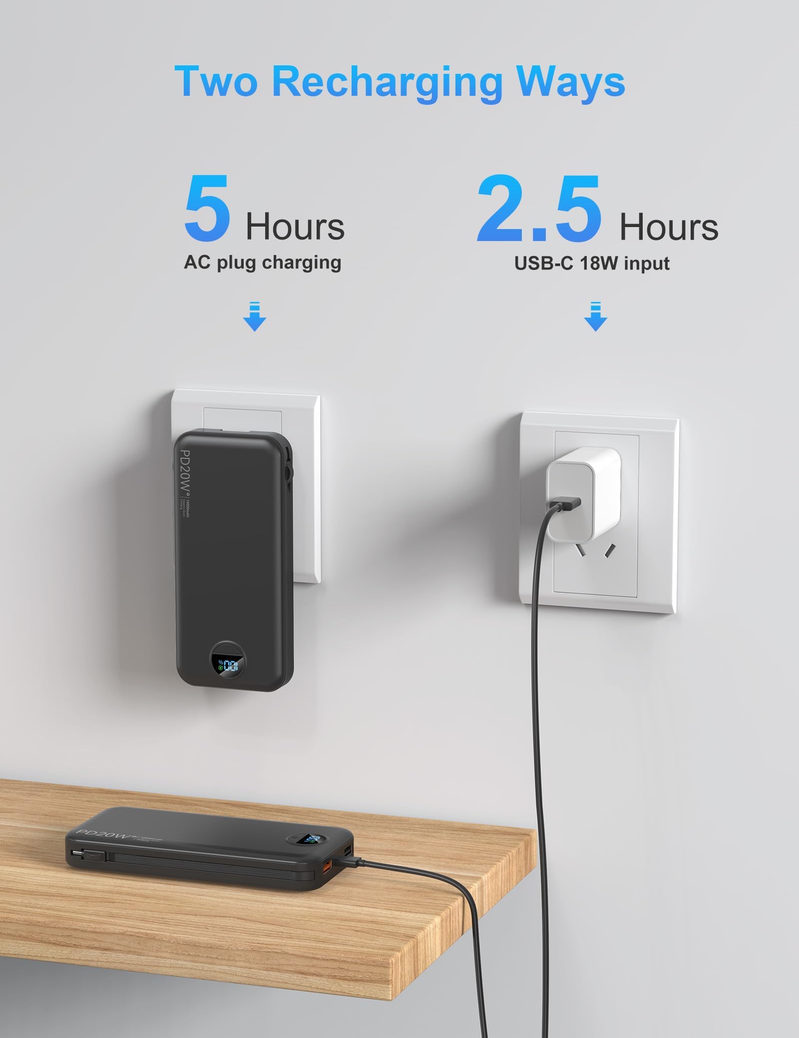 10000mAh batterie externe USB-C charge rapide, Bloc-batterie externe avec câbles intégrés, Affichage numérique, 5 sorties 4 entrées pour iPhone, Android